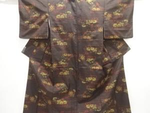 アンティーク　観世水に花模様織り出し十日町紬着物